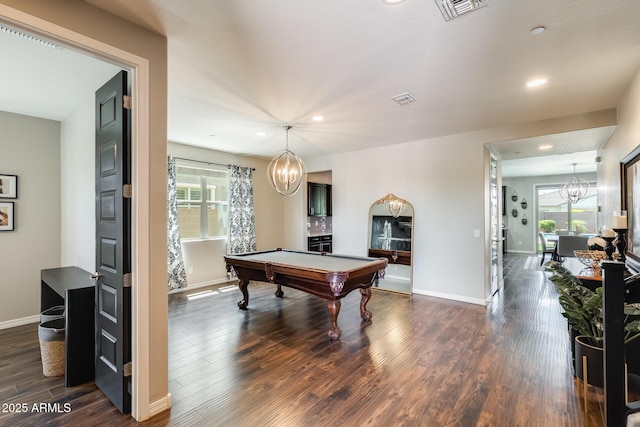 11875 W Lone Tree Trl, Peoria, AZ 85383 - recreation room featuring a chandelier, dark wood-style floors, recessed lighting, baseboards, and billiards table