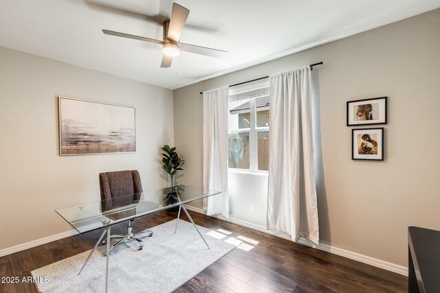 11875 W Lone Tree Trl, Peoria, AZ 85383 - home office featuring baseboards, wood finished floors, and a ceiling fan