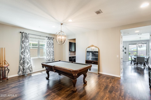 11875 W Lone Tree Trl, Peoria, AZ 85383 - game room with a chandelier, recessed lighting, billiards table, dark wood-type flooring, and baseboards