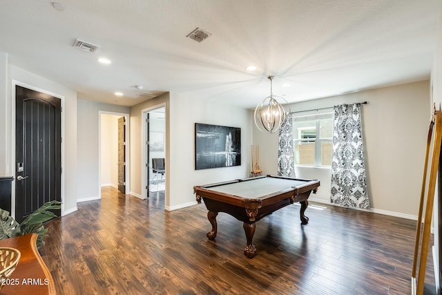 11875 W Lone Tree Trl, Peoria, AZ 85383 - rec room featuring billiards, wood finished floors, recessed lighting, a chandelier, and baseboards