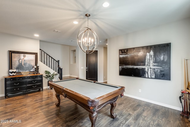 11875 W Lone Tree Trl, Peoria, AZ 85383 - recreation room featuring recessed lighting, wood finished floors, billiards table, a chandelier, and baseboards