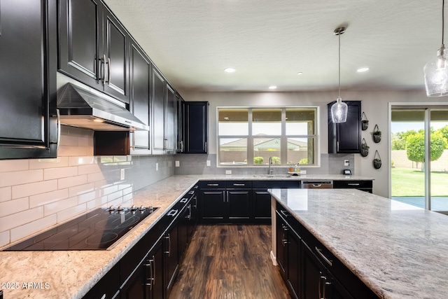 11875 W Lone Tree Trl, Peoria, AZ 85383 - kitchen featuring under cabinet range hood, black electric cooktop, dark cabinetry, a sink, and recessed lighting