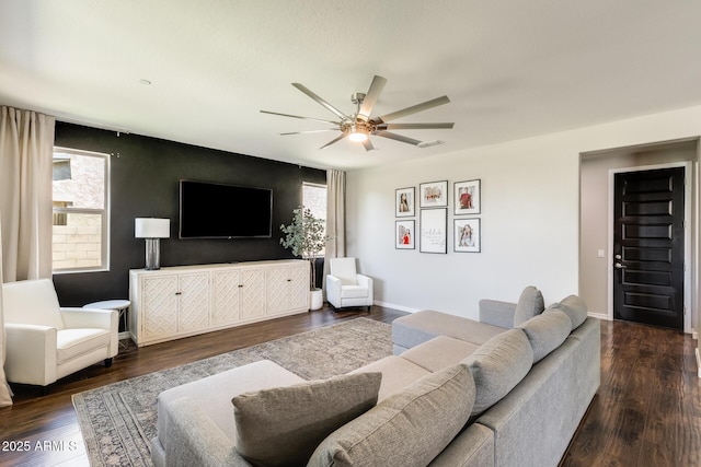 11875 W Lone Tree Trl, Peoria, AZ 85383 - living room featuring ceiling fan, dark wood-style floors, and baseboards