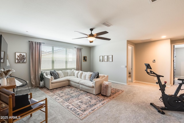 11875 W Lone Tree Trl, Peoria, AZ 85383 - living room featuring light colored carpet, ceiling fan, and baseboards