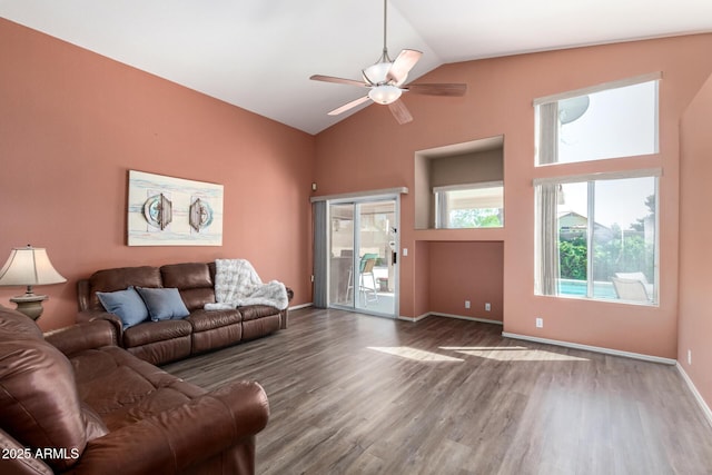 1631 E Carla Vista Dr, Chandler, AZ 85225 - living area featuring baseboards, a ceiling fan, high vaulted ceiling, and wood finished floors
