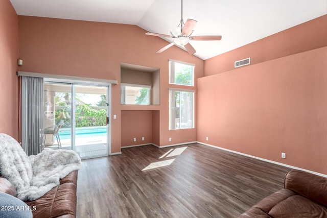 1631 E Carla Vista Dr, Chandler, AZ 85225 - living area featuring visible vents, baseboards, ceiling fan, wood finished floors, and high vaulted ceiling