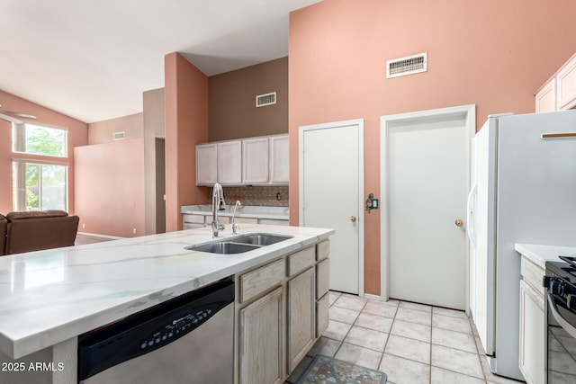 1631 E Carla Vista Dr, Chandler, AZ 85225 - kitchen featuring a sink, visible vents, high vaulted ceiling, and appliances with stainless steel finishes