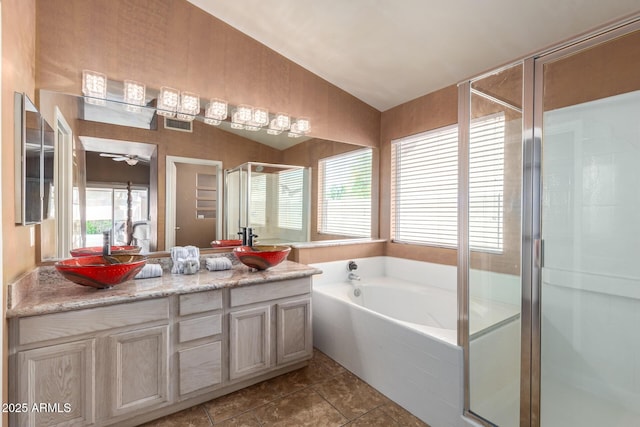 1631 E Carla Vista Dr, Chandler, AZ 85225 - full bathroom featuring a shower stall, tile patterned flooring, a garden tub, and a sink