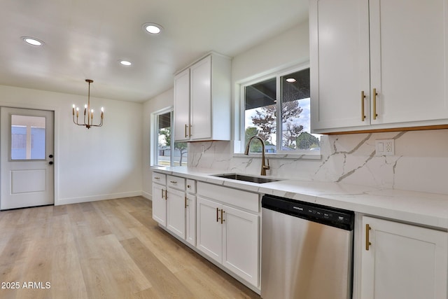 kitchen featuring white cabinetry, dishwasher, sink, decorative backsplash, and light stone countertops