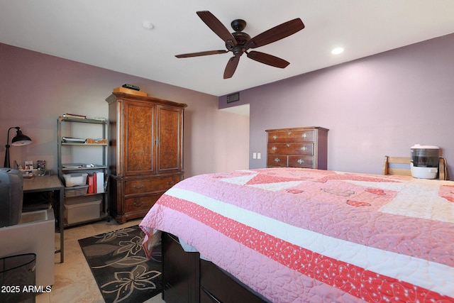 bedroom with ceiling fan and light tile patterned floors