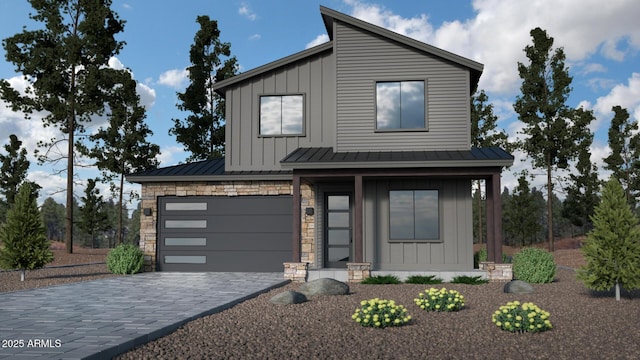 3215 W Lyra Way, Flagstaff, AZ 86001 - modern home featuring board and batten siding, decorative driveway, a standing seam roof, metal roof, and stone siding