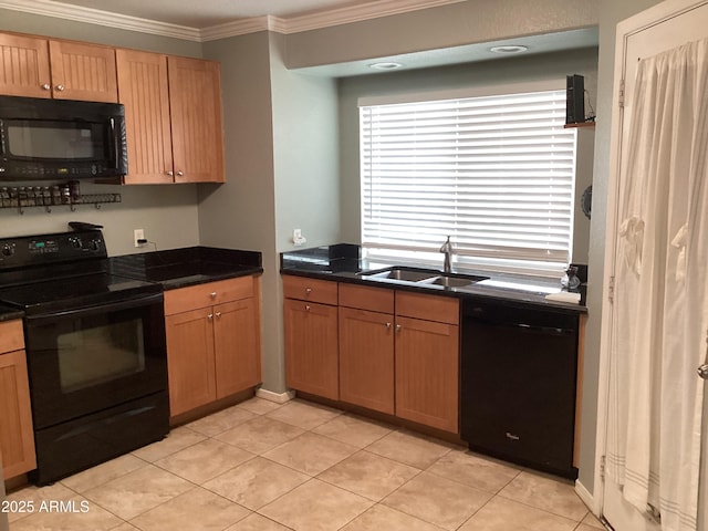 kitchen featuring black appliances, a sink, crown molding, healthy amount of natural light, and light tile patterned flooring