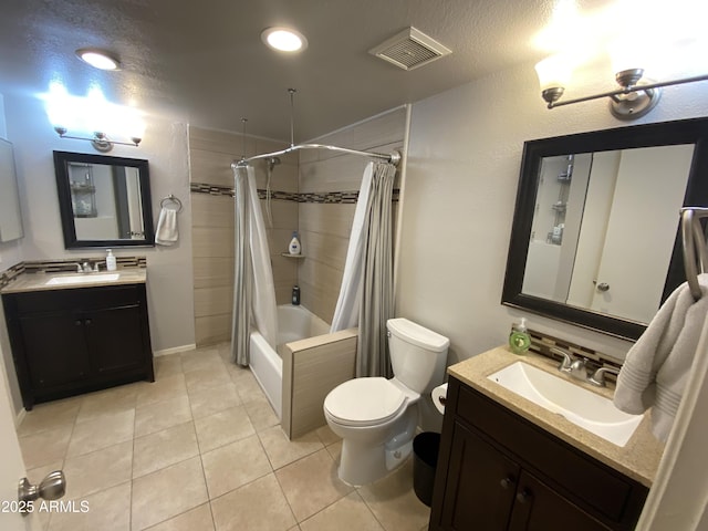 full bathroom featuring tile patterned flooring, toilet, shower / bath combination with curtain, vanity, and recessed lighting
