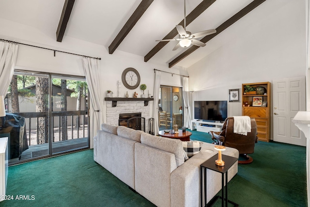 carpeted living room featuring a fireplace, ceiling fan, beamed ceiling, and high vaulted ceiling