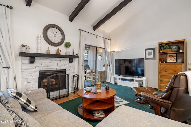 living room featuring a stone fireplace and lofted ceiling with beams