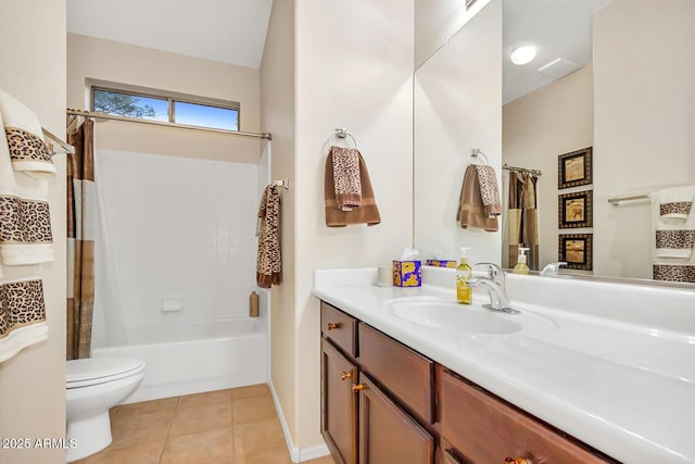 bathroom with toilet, tile patterned floors, vanity, and shower / bathtub combination with curtain