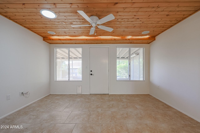 interior space with ceiling fan, wooden ceiling, and light tile patterned floors