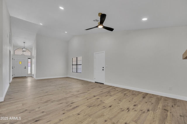 3926 E Coconino St, Phoenix, AZ 85044 - unfurnished living room with a ceiling fan, light wood-style floors, recessed lighting, and high vaulted ceiling