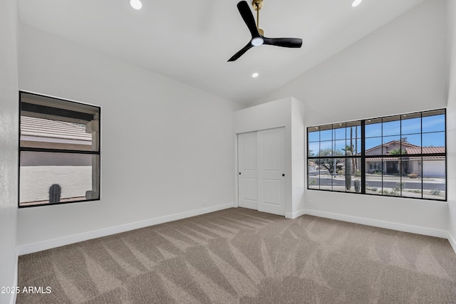 3926 E Coconino St, Phoenix, AZ 85044 - unfurnished bedroom featuring carpet, recessed lighting, high vaulted ceiling, a closet, and ceiling fan