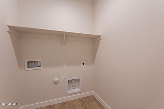 washroom with laundry area, hookup for a gas dryer, hookup for a washing machine, hookup for an electric dryer, and light wood-style floors