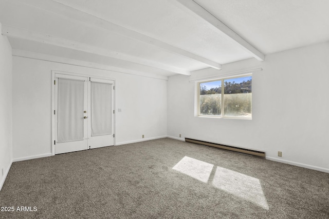 spare room featuring beamed ceiling, baseboard heating, and carpet