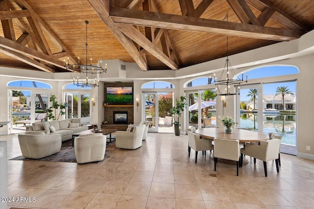 dining room with wood ceiling, high vaulted ceiling, and plenty of natural light