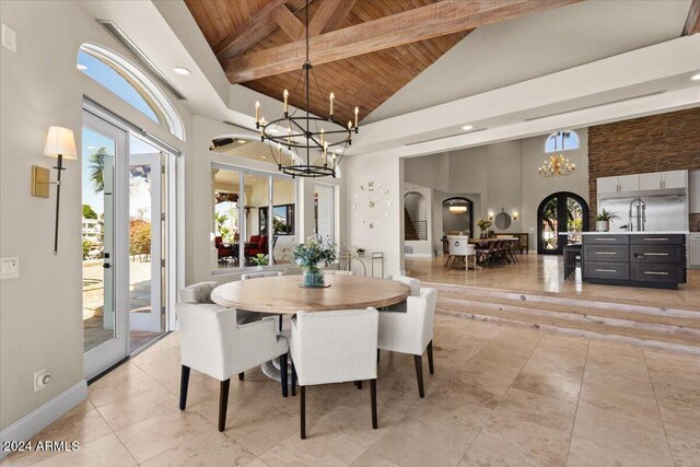 dining area with beamed ceiling, a chandelier, high vaulted ceiling, and wooden ceiling