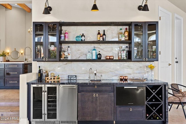 bar with wine cooler, beamed ceiling, sink, and tasteful backsplash