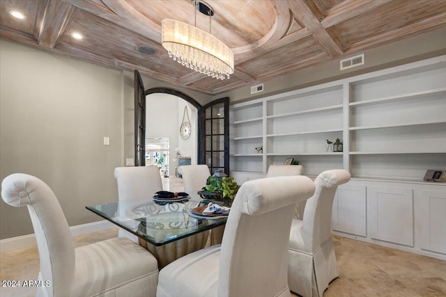 dining space with coffered ceiling, wood ceiling, beam ceiling, a notable chandelier, and built in features