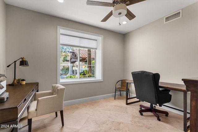 office area with ceiling fan