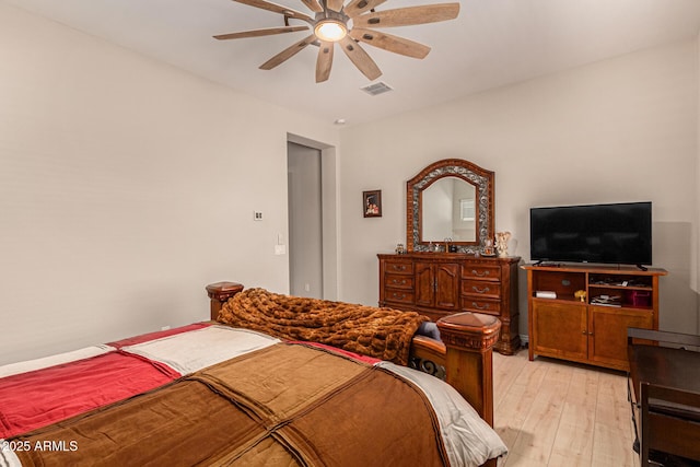 bedroom with ceiling fan and light wood-type flooring