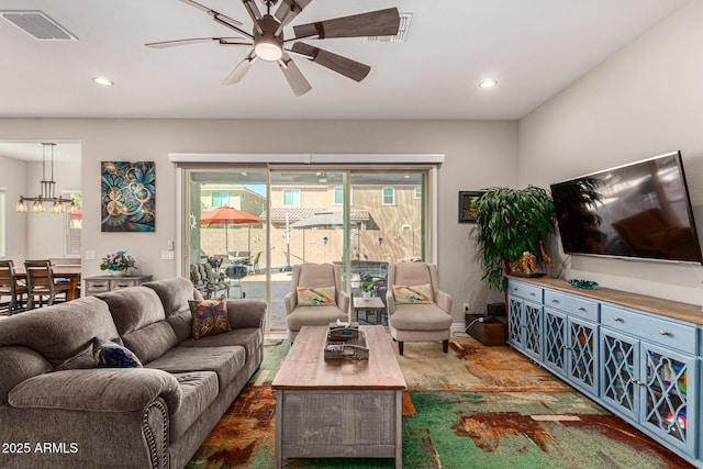 living room featuring ceiling fan