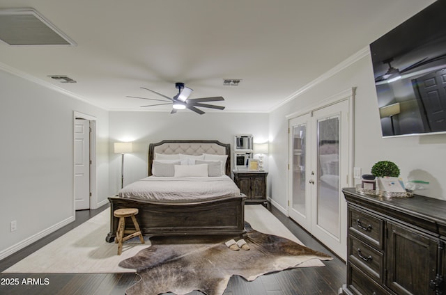 bedroom featuring access to exterior, french doors, ceiling fan, crown molding, and wood-type flooring