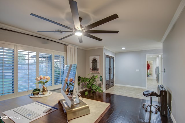 office area featuring ceiling fan, hardwood / wood-style floors, and ornamental molding