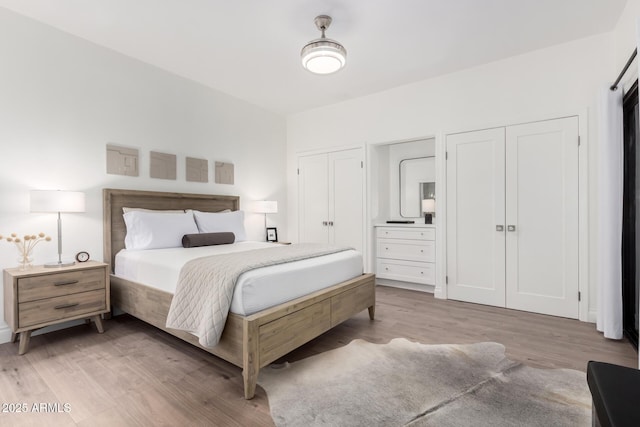 bedroom with multiple closets and hardwood / wood-style flooring