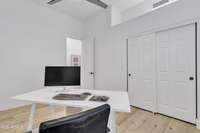 home office featuring ceiling fan, baseboards, visible vents, and light wood-style floors