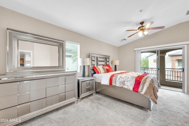 carpeted bedroom featuring access to exterior, ceiling fan, and vaulted ceiling