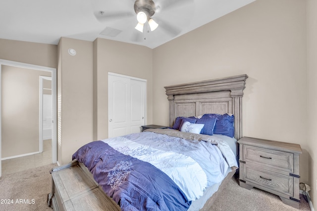 carpeted bedroom featuring ceiling fan