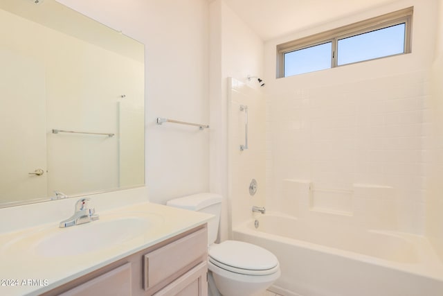 full bathroom with bathing tub / shower combination, vanity, and toilet