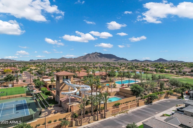 drone / aerial view with a mountain view and a residential view