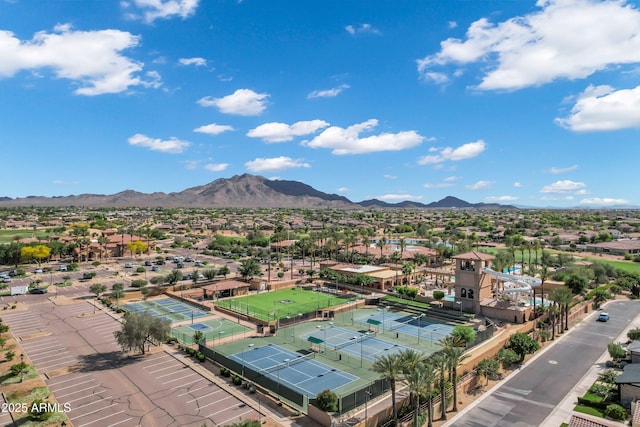 drone / aerial view with a residential view and a mountain view