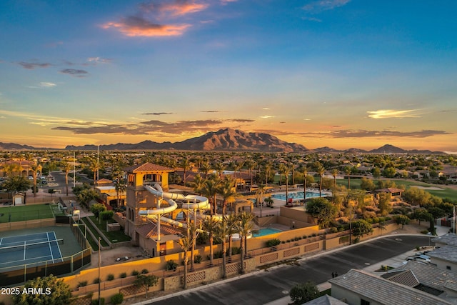 bird's eye view featuring a residential view and a mountain view