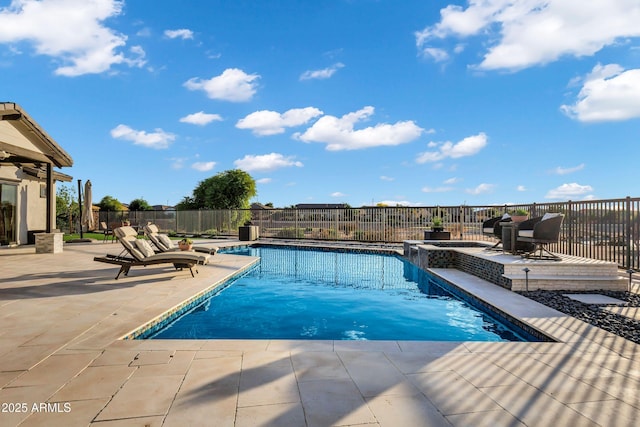 view of pool featuring a fenced in pool, a patio area, and fence