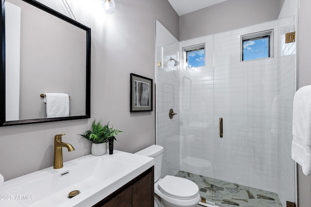 full bathroom featuring vanity, a shower stall, and toilet