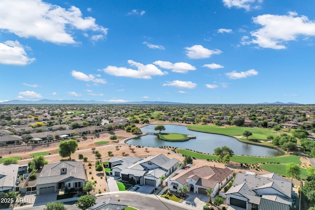 bird's eye view with a residential view, golf course view, and a water and mountain view