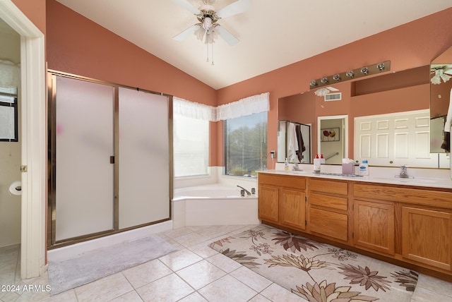 bathroom featuring vanity, plus walk in shower, tile patterned floors, vaulted ceiling, and ceiling fan