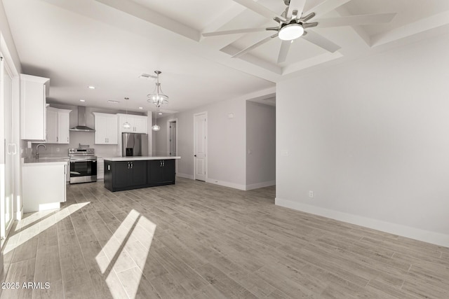 unfurnished living room with ceiling fan with notable chandelier, light wood-type flooring, beam ceiling, and sink