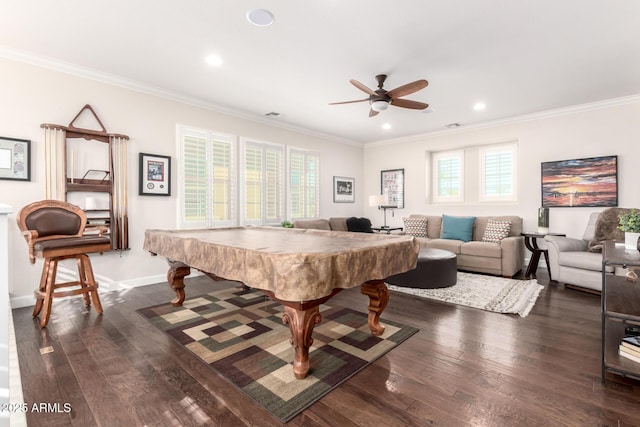 recreation room featuring dark wood finished floors, billiards, a ceiling fan, and ornamental molding