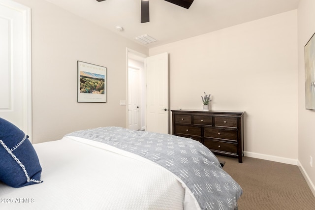 bedroom featuring visible vents, baseboards, carpet, and ceiling fan