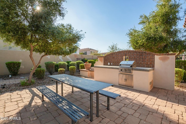 view of patio / terrace featuring grilling area, a fenced backyard, and an outdoor kitchen